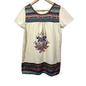 MUSA BOHO Women's Embroidered Elephant Short Sleeve Tunic Blouse Beige Size L/XL